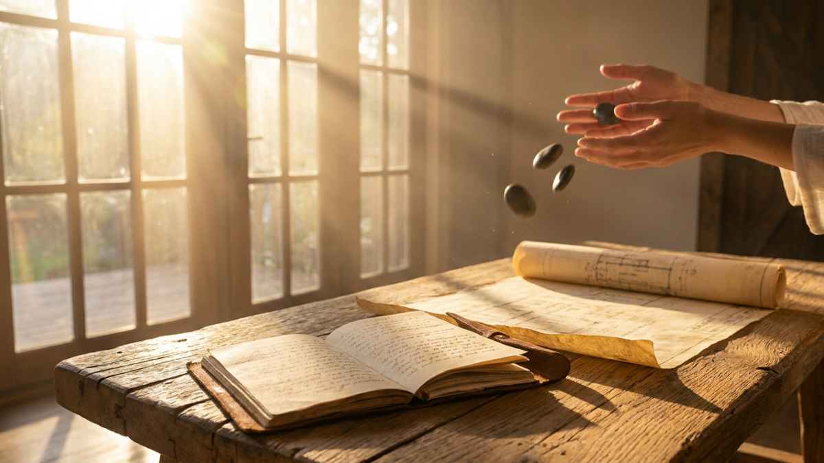 An open leather journal and ancient blueprint scroll bathed in radiant morning sunlight on a rustic wooden table, symbolizing the release of heavy burdens to discover true purpose.