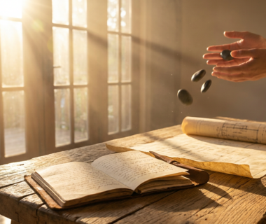 An open leather journal and ancient blueprint scroll bathed in radiant morning sunlight on a rustic wooden table, symbolizing the release of heavy burdens to discover true purpose.